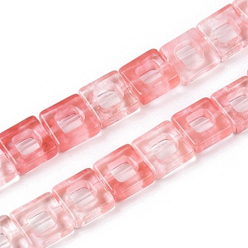 Cherry Quartz Glass Beads Strands, Hollow Square, 10x10x3~4mm, Hole: 1mm, about 20pcs/strand, 8.07 inch(20.5cm)