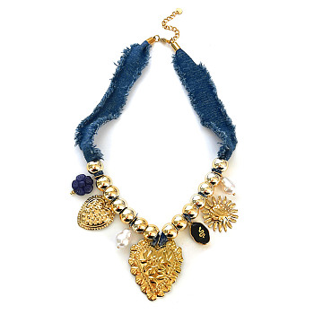 316L Surgical Stainless Steel & Resin & Plastic Pearl Heart Pendant Denim Cloth Bib Necklaces for Women, Blue, Golden, 15.75 inch(40cm)