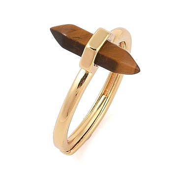 Double Pointed Hexagonal Prism Natural Tiger Eye Adjustable Rings for Women, Ion Plating(IP) Brass Rings, Golden, Hexagonal Prism: 17x7.5mm, US Size 6(16.5mm)