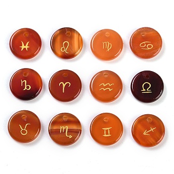 Natural Carnelian Pendants, Flat Round, with Constellation Pattern, 12x3mm, Hole: 1.4mm, 12pcs/set