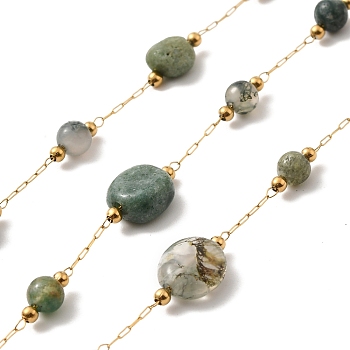 Ion Plating(IP) Real 18K Gold Plated 316 Surgical Stainless Steel Link Chains, with Natural Indian Agate Beads, Soldered, with Spool, 12~17x4~6x4~6mm, Bead: 4~8.5x4~6x4~6mm