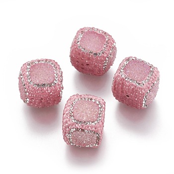 Natural Druzy Agate Beads, with Polymer Clay Rhinestone, Cube, Pink, 16~19x16~19x16~19mm, Hole: 1.4mm