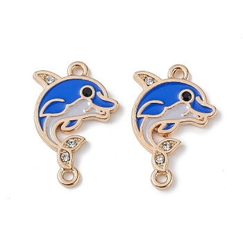 Alloy Enamel Connector Charms, Dolphin Links with Crystal Rhinestone, Light Gold, Cadmium Free & Nickel Free & Lead Free, Royal Blue, 23x15.5x1.5mm, Hole: 1.5mm