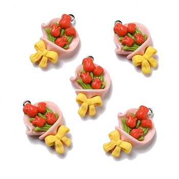 Opaque Resin Pendants, with Platinum Tone Iron Loops, Tulip, Orange Red, 31x20x7.5mm, Hole: 2mm