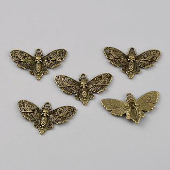 Tibetan Style Alloy Pendants, Butterfly with Skull Charms, Antique Bronze, 26.5x42.5x3.5mm, Hole: 1.8mm