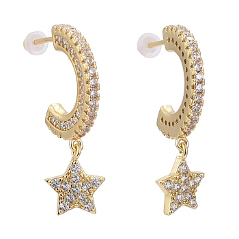 Brass Micro Pave Clear Cubic Zirconia Stud Earrings, Half Hoop Earrings, with Plastic Ear Nut, Long-Lasting Plated, Star, Real 18K Gold Plated, 28.5mm, Pin: 0.8mm
