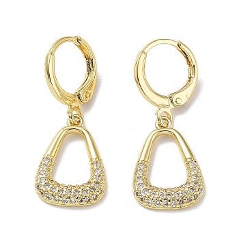 Real 18K Gold Plated Brass Dangle Leverback Earrings, with Cubic Zirconia, Triangle, Clear, 30x11.5mm