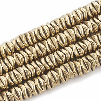 Electroplate Non-magnetic Synthetic Hematite Beads Strands, Wavy, Flat Round/Disc, Light Gold Plated, 6~6.5x6~6.5x1.5~2mm, Hole: 1mm, about 215pcs/strand, 16.14 inch