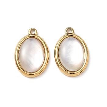 Natural Freshwater Shell Pendants, 304 Stainless Steel Oval Charms, Real 18K Gold Plated, Ion Plating(IP), White, 20x13x3.5~5mm, Hole: 1.2~1.6mm