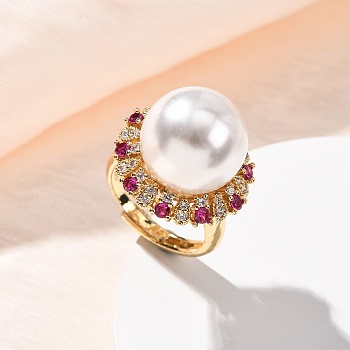 Brass Micro Pave Cubic Zirconia Cuff Open Rings for Women, Flower, with ABS Plastic Pearl, Cadmium Free & Lead Free, Long-Lasting Plated, Rack Plating, Real 18K Gold Plated, 21mm, Inner Diameter: 17.8mm