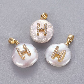 Natural Cultured Freshwater Pearl Pendants, with Brass Micro Pave Cubic Zirconia Findings, Nuggets with Letter, Long-Lasting Plated, Golden, Clear, Letter.H, 17~27x12~16x6~12mm, Hole: 4x2.5mm