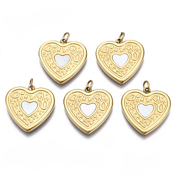 316 Surgical Stainless Steel Pendants, with Jump Rings and Shell, Heart, Real 14K Gold Plated, 17x16.5x2mm, Hole: 2.5mm, Jump Ring: 4x0.5mm, 2.5mm inner diameter