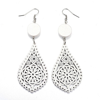 Trendy Drop Wood Dangle Earrings, with Platinum Plated Alloy Earring Hooks, White, 94~96x32~34mm, pin: 0.8mm