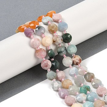 Natural Mixed Gemstone Beads Strands, Faceted Pentagonal Cut, Flat Round, with Seed Beads, 10~10.5x5~6mm, Hole: 1mm, about 32~33pcs/strand, 15.75''(40cm)