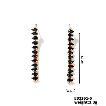 Dainty Japanese Teardrop Style Stud Earrings with Tassels and Rhinestones, Golden, Black Diamond, 47x5mm