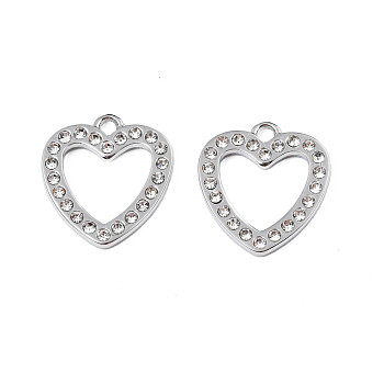 304 Stainless Steel Pendants, with Crystal Rhinestone, Heart, Stainless Steel Color, 16x14x2mm, Hole: 1.6mm