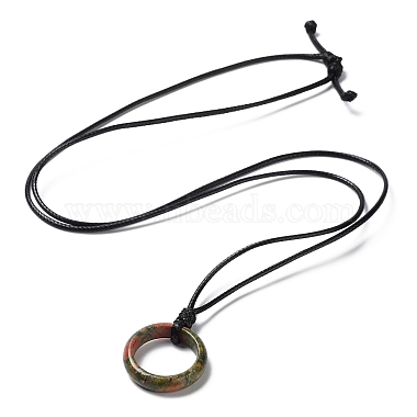 Natural Mixed Stone Ring Pendant Necklace with Waxed Cords(NJEW-R262-01A)-3