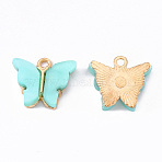 Alloy Acrylic Pendants, Butterfly, Light Gold, Cyan, 14x16.5x3mm, Hole: 1.6mm(X-ENAM-R136-01A)