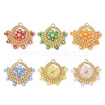 6Pcs Glass Pendans, Flower Charm, with Brass Ring and 304 Stainless Steel, Faceted, Mixed Color, 23x29x4mm, Jump Ring: 5x0.7mm, Inner Diameter: 3.6mm(PALLOY-MZ01222)
