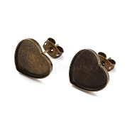 Brass Stud Earring Findings, with Flat Round Cabochon Settings and Ear Nuts/Earring Backs, Heart, Antique Bronze, Tray: 12x12mm, 14x12mm(KK-E774-59AB)