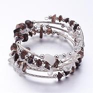 Five Loops Wrap Smoky Quartz Beads Bracelets, with Crystal Chips Beads and Iron Spacer Beads, Coffee, 2 inch(52mm)(BJEW-JB02589-04)