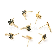 Green Cubic Zirconia Coconut Tree Stud Earrings, Brass Jewelry for Women, Lead Free & Cadmium Free & Nickel Free, Real 18K Gold Plated, 14.5x8mm, Pin: 0.7mm(EJEW-F281-15G)