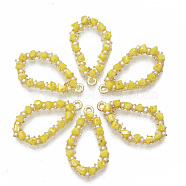 Glass Pendants, with Plastic Imitation Pearl and Light Gold Tone Alloy Findings, Teardrop, Yellow, 29.5x17x4mm, Hole: 1.6mm(PALLOY-S177-74C)