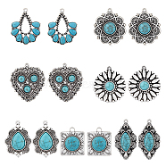 HOBBIESAY 14Pcs 7 Styles Tibetan Style Alloy Pendants, with Synthetic Turquoise, Rhombus & Flower & Fan & Square & Teardrop & Heart, Antique Silver, 28~37.5x22~32x4~8mm, Hole: 1.6~3mm, 2pcs/styles(FIND-HY0002-03)