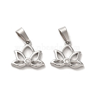 304 Stainless Steel Charms, with Crystal Rhinestone and 201 Stainless Steel Snap On Bails, Lotus Charm, Stainless Steel Color, 12x14x3mm, Hole: 3x6mm(STAS-F292-12P)
