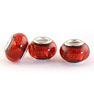 Resin European Beads, Large Hole Rondelle Beads, with Silver Color Plated Brass Double Cores, Red, 13.5~14x9.5~10mm, Hole: 5mm(OPDL-S085-B03)