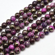 Electroplate Gemstone Natural Pyrite Round Beads Strands, Dyed, Deep Pink, 8mm, Hole: 1mm, about 50pcs/strand, 15.74 inch(G-L129-8mm-02)