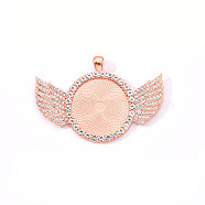 Alloy Pendant Cabochon Settings, with Crystal Rhinestone, Cadmium Free & Lead Free, Flat Round with Wing, Rose Gold, Tray: 30mm, 46x68x4mm, Hole: 5.5x3.5mm(PALLOY-S107-003A-RG-RS)