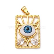 Brass Micro Pave Clear Cubic Zirconia Pendants, with Resin, Real 18K Gold Plated, Rectangle with Eye, Light Sky Blue, 31x20.5x6.5mm, Hole: 6.5x3.5mm(ZIRC-A021-04G-D)
