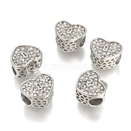304 Stainless Steel European Beads, Large Hole Beads, with Rhinestone, Heart, Stainless Steel Color, 11x11.5x7mm, Hole: 4mm(STAS-O097-39P)
