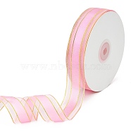Solid Color Organza Ribbons, Golden Wired Edge Ribbon, for Party Decoration, Gift Packing, Pearl Pink, 1"(25mm), about 50yard/roll(45.72m/roll)(ORIB-E005-A14)