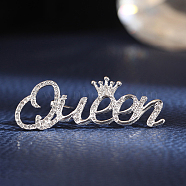 Crystal Rhinestone Crown with Word Queen Safety Pin Brooch, Feminism Alloy Badge for Women, Silver, 18x50mm(GIPO-PW0001-003S)