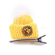 Christmas Party Hair Accessories, Knitted Hat Cloth Rhinestone Alligator Hair Clip, with Iron Clip, Gold, 48.6x50x14.7mm(AJEW-S088-09C)