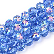 Transparent Electroplate Glass Beads Strands, Faceted, Half AB Color Plated, Round, Cornflower Blue, 8x7~7.5mm, Hole: 1.0mm, about 71~72 pcs/strand, 20.20~21.85 inch(51.3~55.5cm)(EGLA-N012-001-B11)