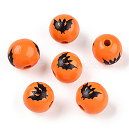 Halloween Theme Wood European Beads, Printed Large Hole Beads, Round, Dark Orange, Bat, 15.5~16.5mm, Hole: 3.5~4.5mm(WOOD-N016-04I)