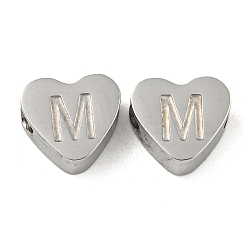 Tarnish Resistant 304 Stainless Steel Beads, Heart with Letter, Stainless Steel Color, Letter M, 7x8x3mm, Hole: 2mm(STAS-H219-16P-M)