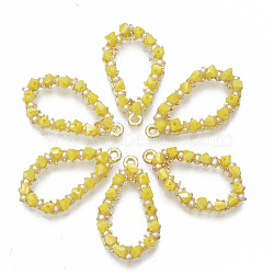 Glass Pendants, with Plastic Imitation Pearl and Light Gold Tone Alloy Findings, Teardrop, Yellow, 29.5x17x4mm, Hole: 1.6mm(PALLOY-S177-74C)