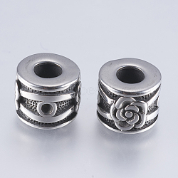 304 Stainless Steel European Beads, Large Hole Beads, Column with Flower, Antique Silver, 12x9.5mm, Hole: 5mm(STAS-I072-022AS)