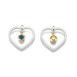 201 Stainless Steel Pendants, with Rhinestone, Heart with Flat Round, Real Gold Plated & Stainless Steel Color, Blue Zircon, 23x24x1mm, Hole: 1.6mm(STAS-N090-LA896-12P)