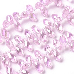 Electroplate Glass Faceted Teardrop Beads Strands, Top Drilled Beads, AB Color Plated, Pink, 11.5~13x6mm, Hole: 1mm, about 100pcs/strand, 16.5 inch(X-EGLA-D014-36)