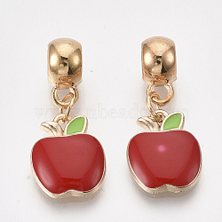 Golden Plated Alloy European Dangle Charms, with Enamel, Large Hole Pendants, Apple, Red, 28mm, Hole: 4.5mm, Apple: 15x11.5x2.5mm(X-MPDL-S067-64)