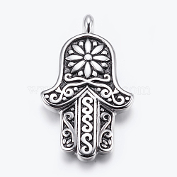 304 Stainless Steel Big Pendants, Hamsa Hand/Hand of Fatima/Hand of Miriam with Flower, Antique Silver, 70x41x7mm, Hole: 5mm(STAS-E424-092AS)