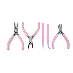 45# Steel Pliers & Tweezers Set, with Plastic Handles, including Side Cutter Pliers, Round Nose Plier, Needle Nose Wire Cutter Plier, Straight & Bent Tip Tweezers, Pearl Pink, 10.8~12.3x0.9~8x0.3~0.95cm, 5pcs/set(TOOL-D059-07P-02)