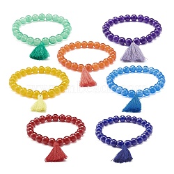 Dyed Natural Malaysia Jade Round Beads Stretch Bracelets Set, Tassel Charm Bracelet, 7 Chakra Jewelry for Her, Mixed Color, Inner Diameter: 2-1/8 inch(5.4cm), 7pcs/set(BJEW-JB06956)