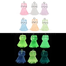 Luminous Resin Pendants, Cat, with Platinum Iron Loop, Glow in the Dark , Mixed Color, 25.5x17.5x14.5mm(RESI-R460-01B)