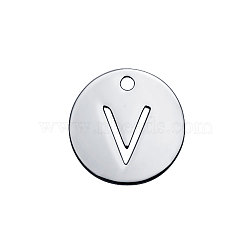 201 Stainless Steel Charms, Flat Round with Letter, Stainless Steel Color, Letter.V, 12x1mm, Hole: 1.5mm(STAS-Q201-T051-V)